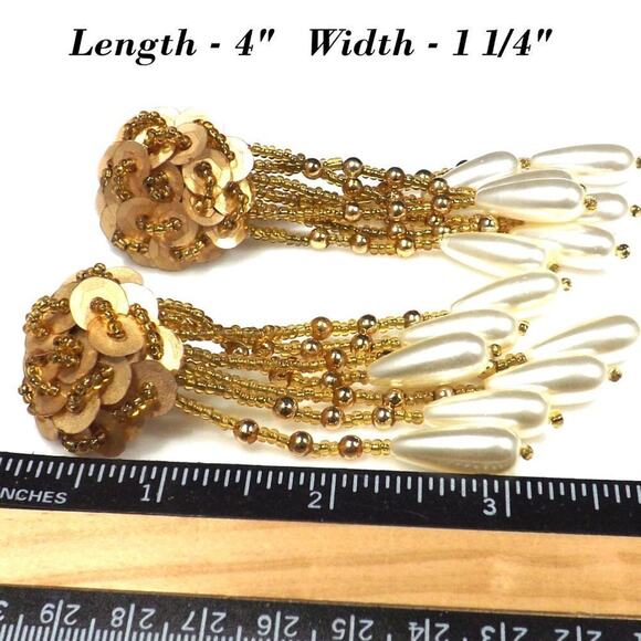 Vintage Gold Sequin Bead Dangle Earrings, Long Tassel Pearl Drop Clip On Jewelry - Picture 6 of 8